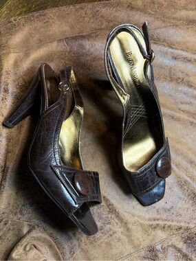 46. Enzo Angiolini Dark Brown Leather Peep-Toe Slingback Heels